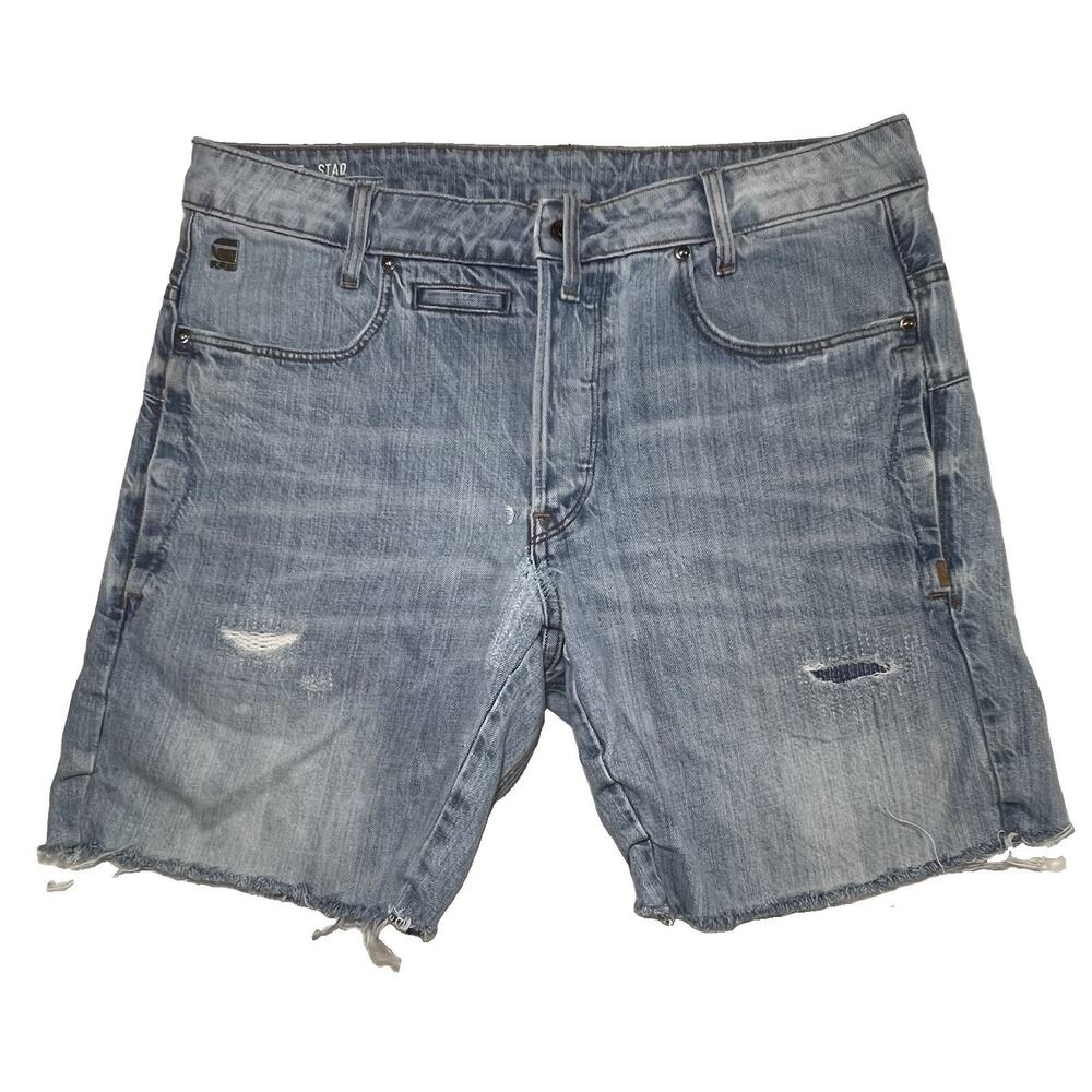G-Star RAW STAQ 3D Size 32 Denim Cut Off Shorts Jorts Distressed Button Fly Blue